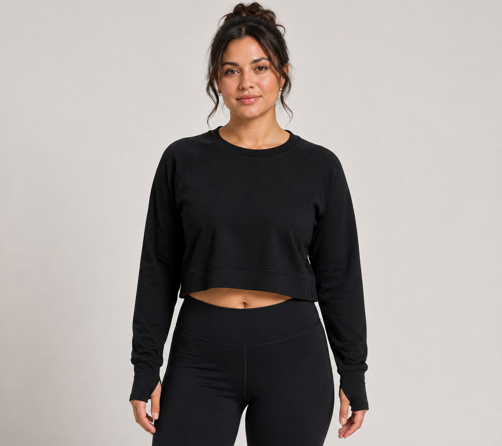 Sweaty Betty After Class Crop Sweatshirt Women US 10 Black Crewneck Thumbholes